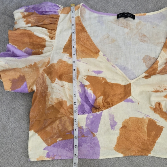 Eloquii Linen Blend Puff Sleeve V Neck Top Cream Orange Lavender Print Size 24 - Picture 7 of 9